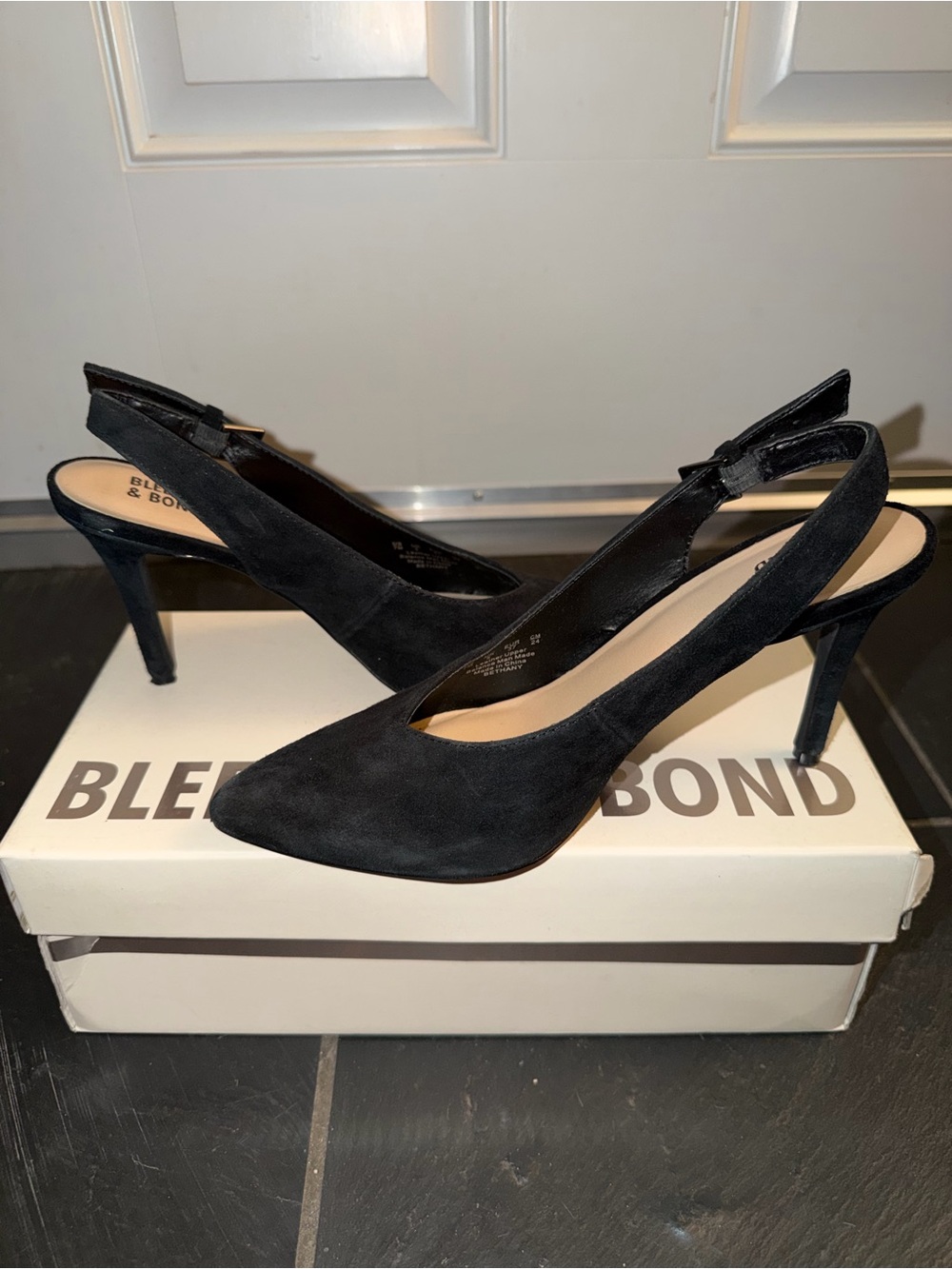 Bleecker & Bond Black Suede Slingback Pointed-Toe Heels